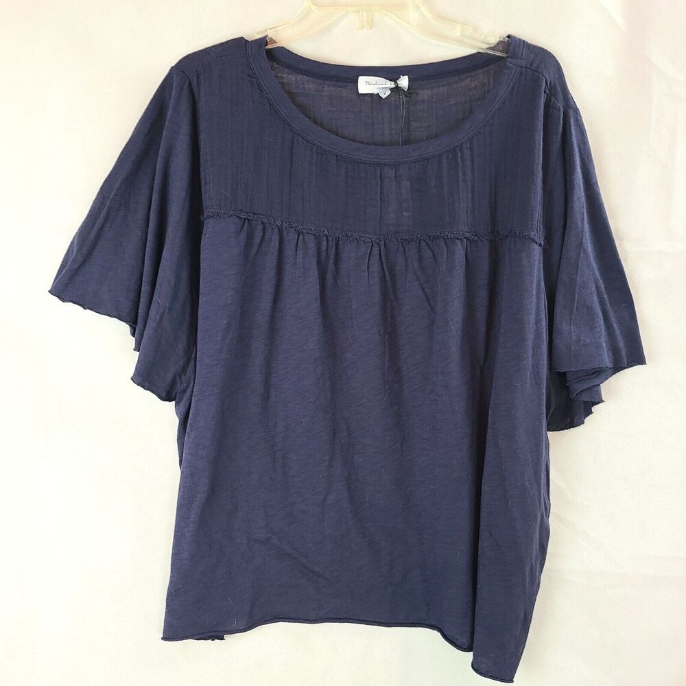 New MICHAEL STARS Women's (2X) Admiral Navy Blue Flutter Sleeve Raw Hem Tee Top